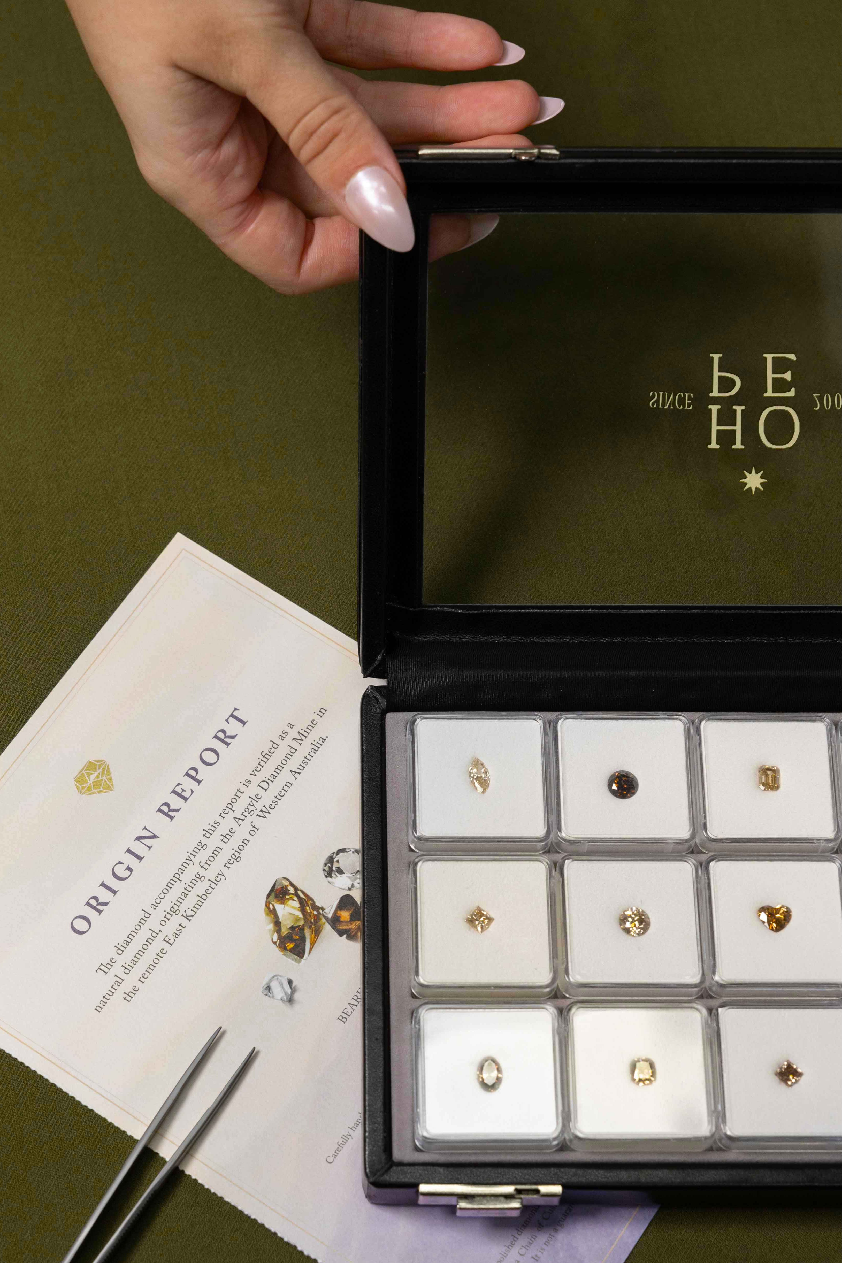 Open jewelry box with earrings on a green surface, featuring 'HOPE' branding.